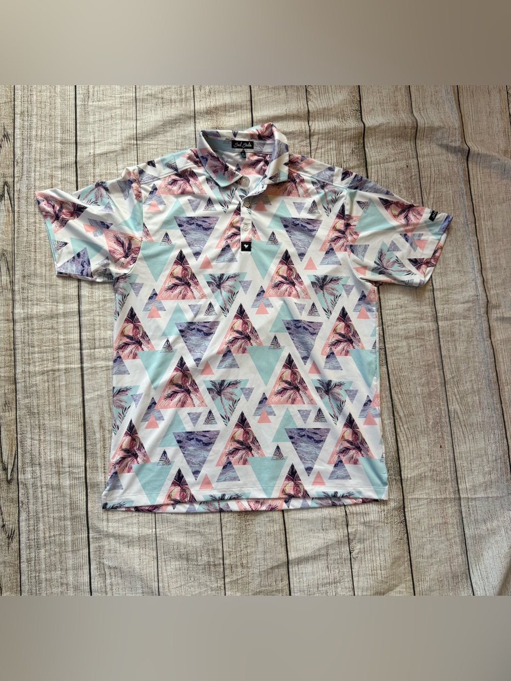 Bad Birdie Men’s The Cali Print Stretch Golf Polo Shirt Blue Pink Multi Size 2XL